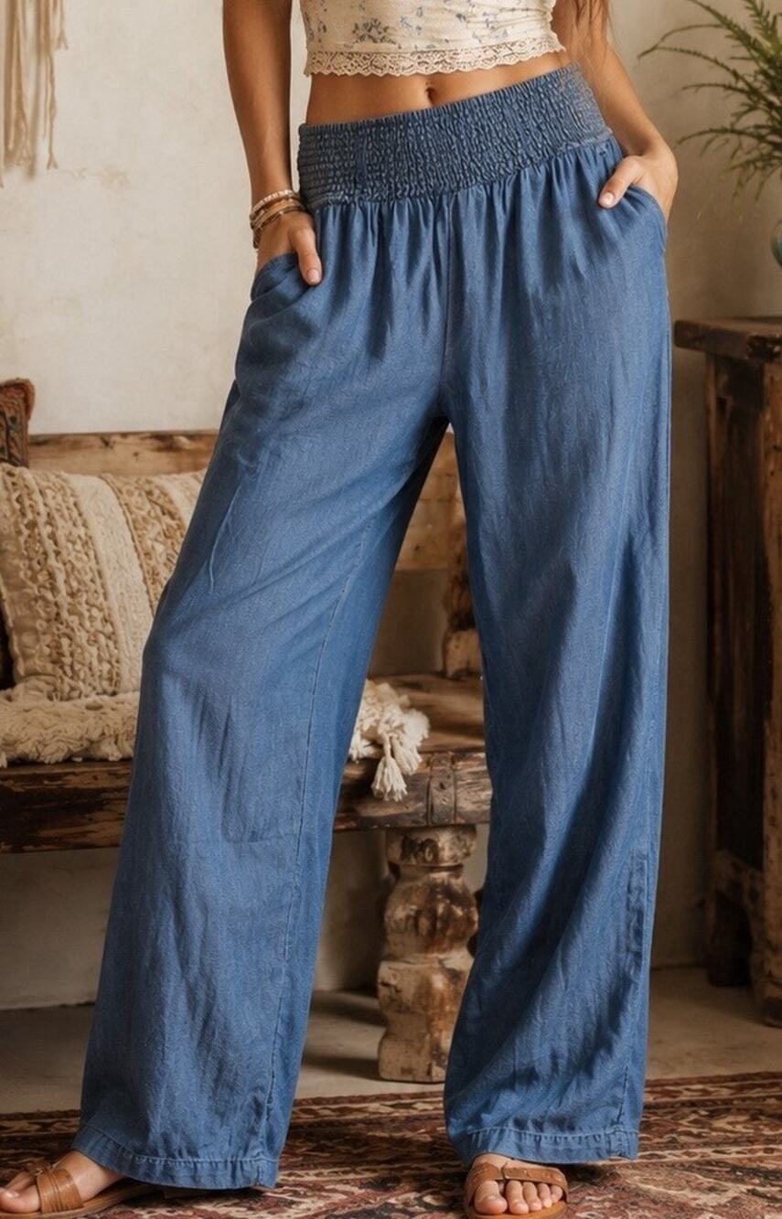 Lucy & Yak Organic Cotton Hemp Linen Smocked Waist Wide Leg Pant XS-P Blue Beach